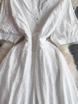 White lace-embellished A-line midi dress with button front and embroidered floral details.