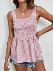 Smocked gingham peplum tank top in deep red with square neckline and wide straps.