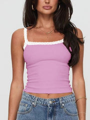 Pink purple ribbed tank top with white lace trim and square neckline.