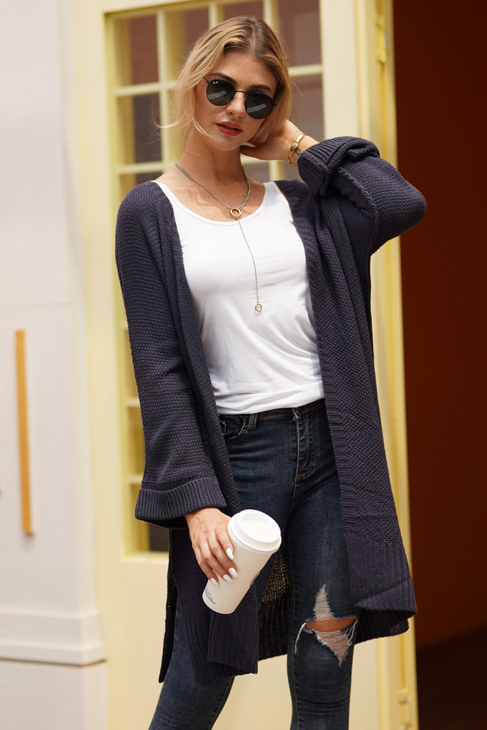 Dark Blue textured open-front maxi knit cardigan with crew neck and long sleeves.