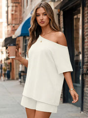 White boat neck tee and shorts set with off-shoulder styling