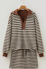 Striped Contrast Trim Button Neck Top & Mini Skirt Set, alternate angle
