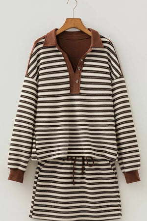 Striped Contrast Trim Button Neck Top & Mini Skirt Set, alternate angle