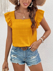 Yellow textured ruffle sleeve square neck blouse with horizontal ribbing detail.