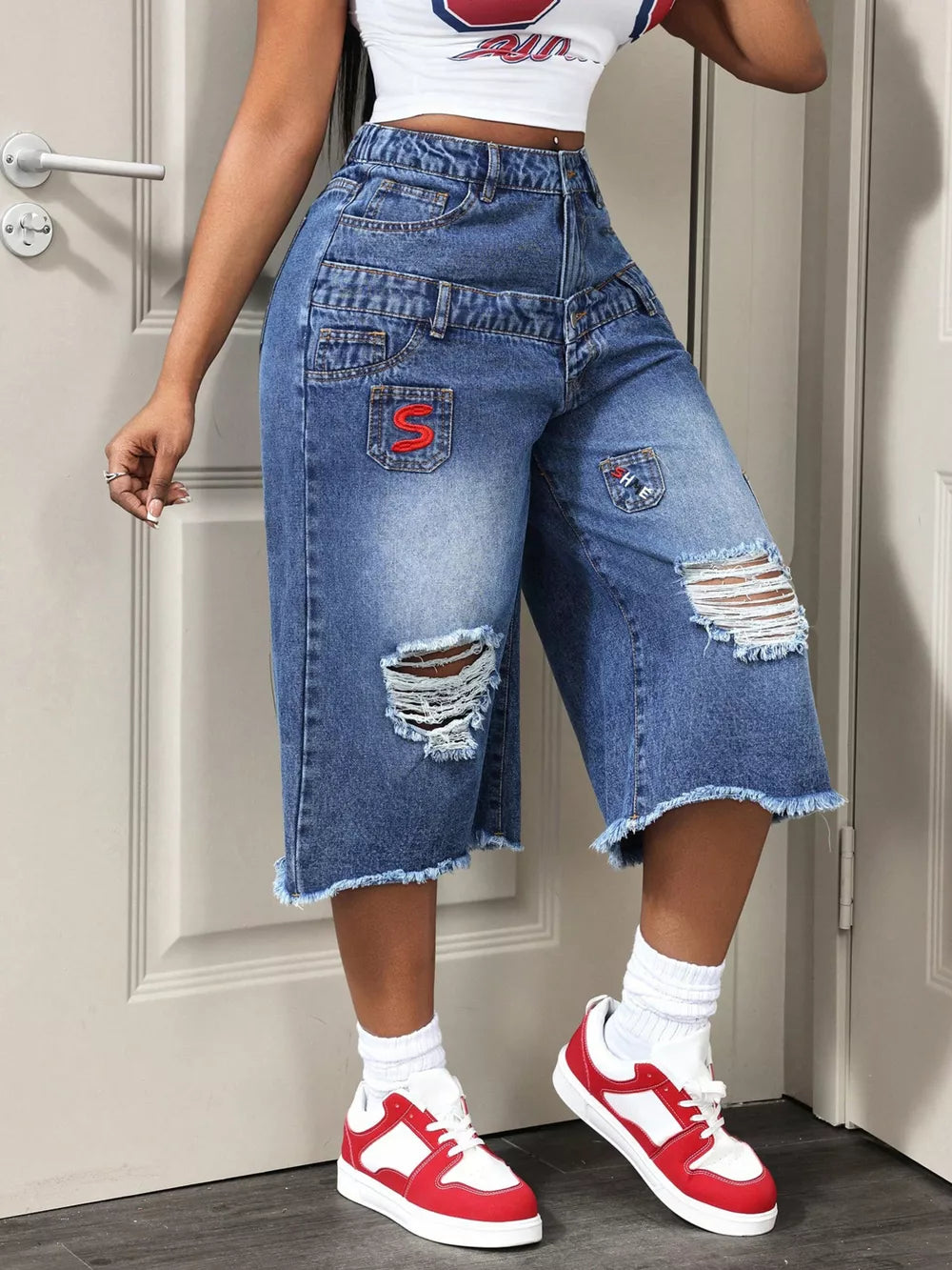 Distressed Wide-leg Denim Capris, side view