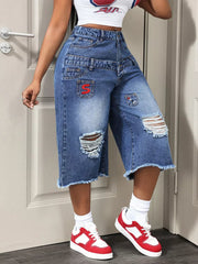Distressed Wide-leg Denim Capris, side view