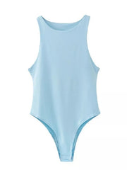 Light blue round neck sleeveless bodysuit with a high-cut leg.