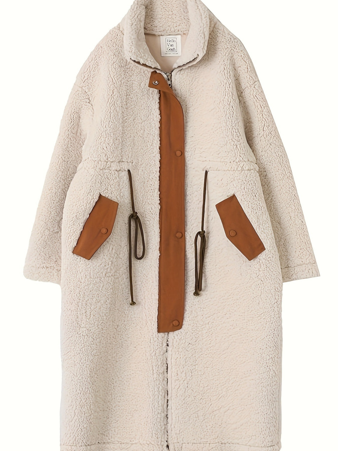 Oversized beige sherpa coat with brown suede accents and drawstring details.