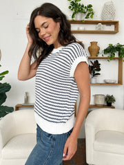 Sleeveless knit tank top with navy and white stripes, crew neck, and ribbed hem.