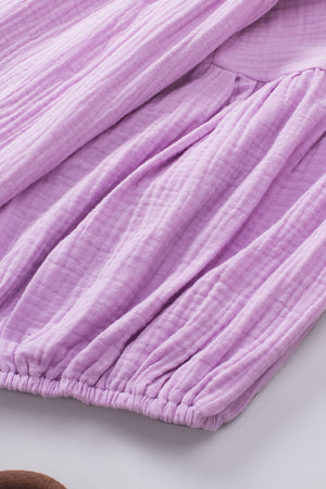 Textured gauze blouse in Heliotrope Purple with gathered detail and elastic hem