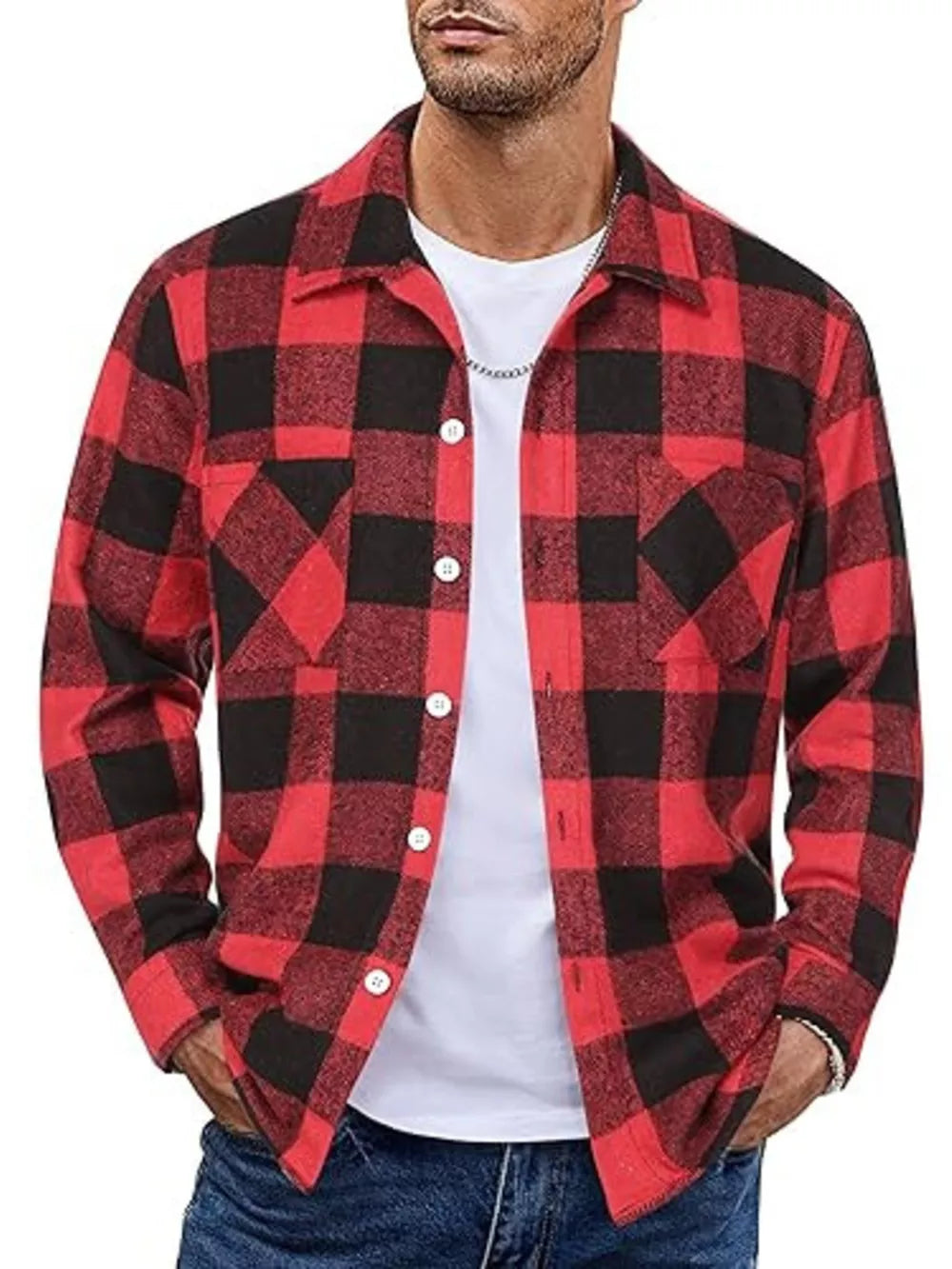 Red and blue plaid cotton button-up shirt with two chest pockets.