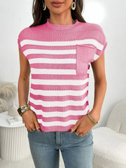 Striped knit pocket tee in blush pink and white with short sleeves and a crew neck.
