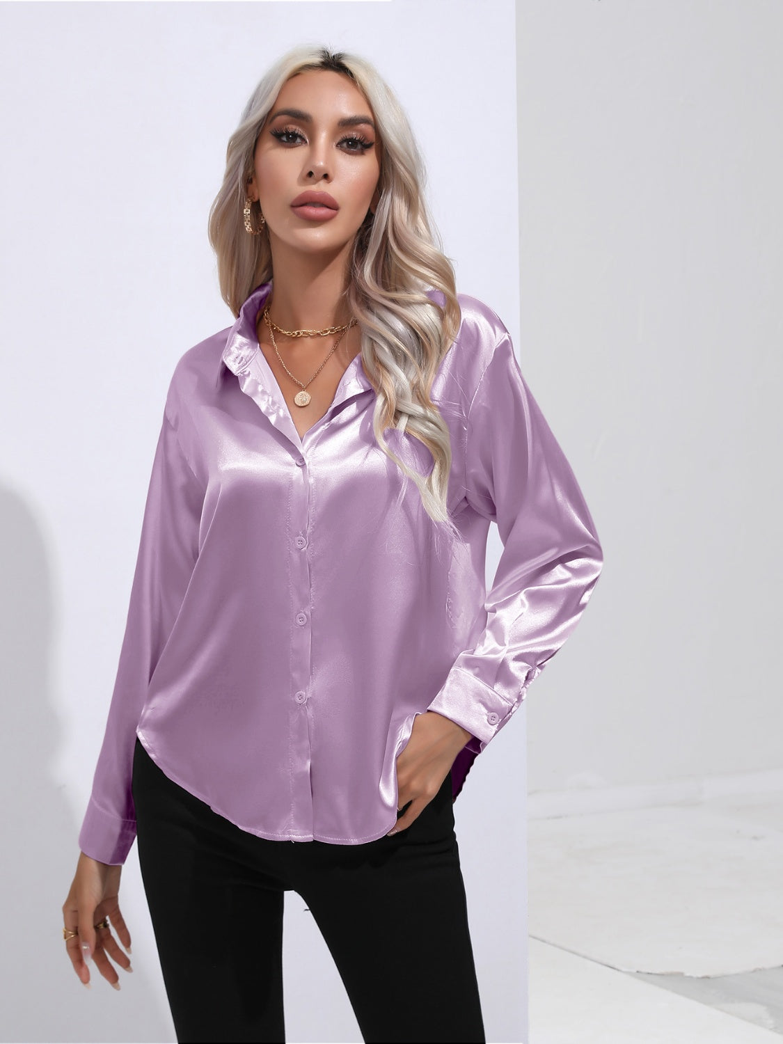 Satin tie-front blouse in Pink Purple with buttoned front and cuffs.