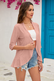 Dusty Pink perforated peplum sleeve cardigan with 3/4 sleeves and open front.