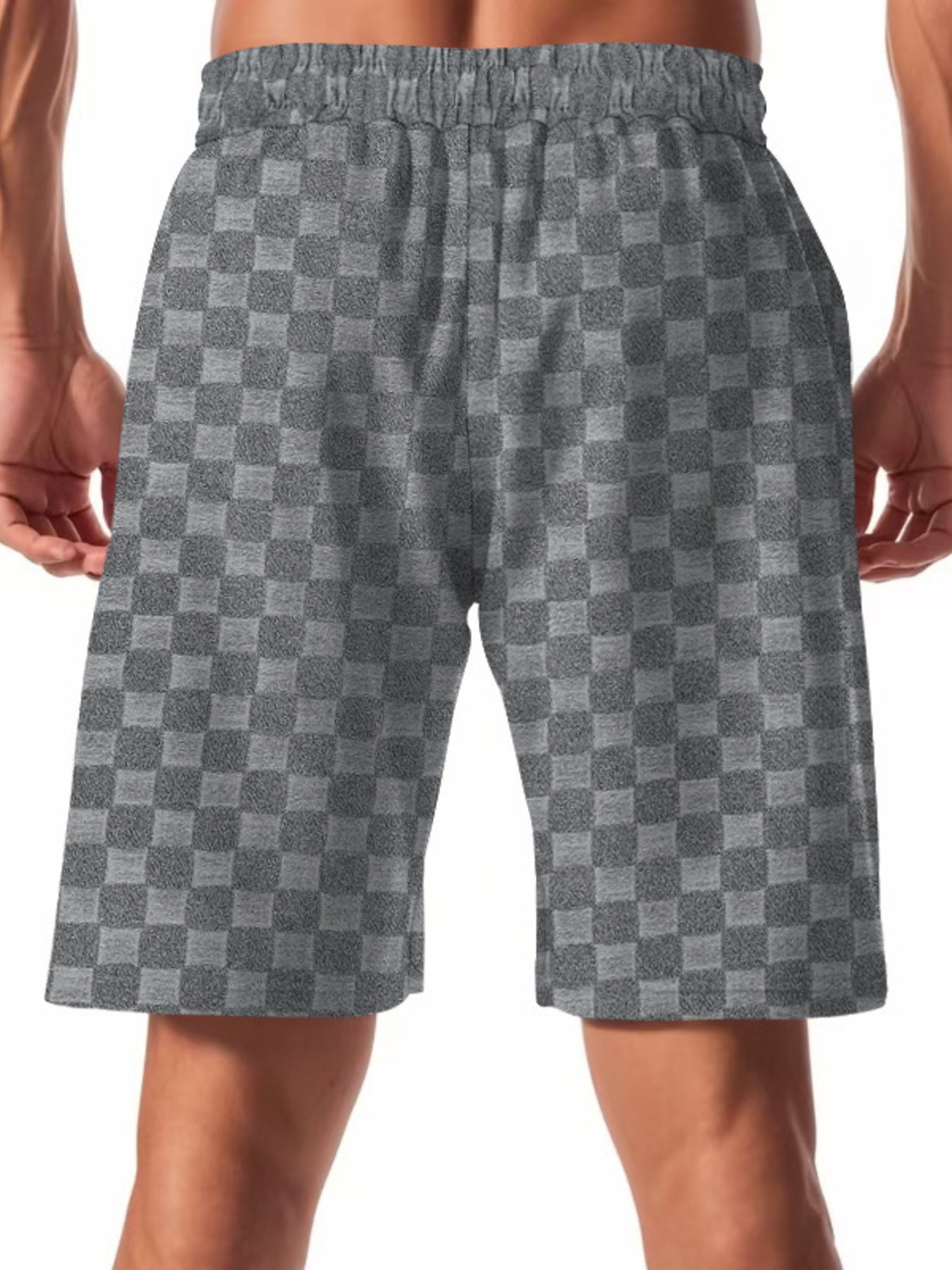Men's dark gray checkered chino shorts with drawstring waist