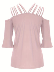 Blush pink cold shoulder blouson with strappy neckline and flared 3/4 sleeves.