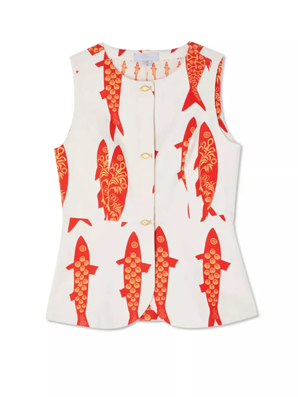 Red fish-print sleeveless top with gold button details.