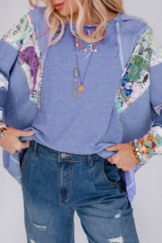 Patchwork stripe raglan sleeve tee in dusty blue with artistic boho details.
