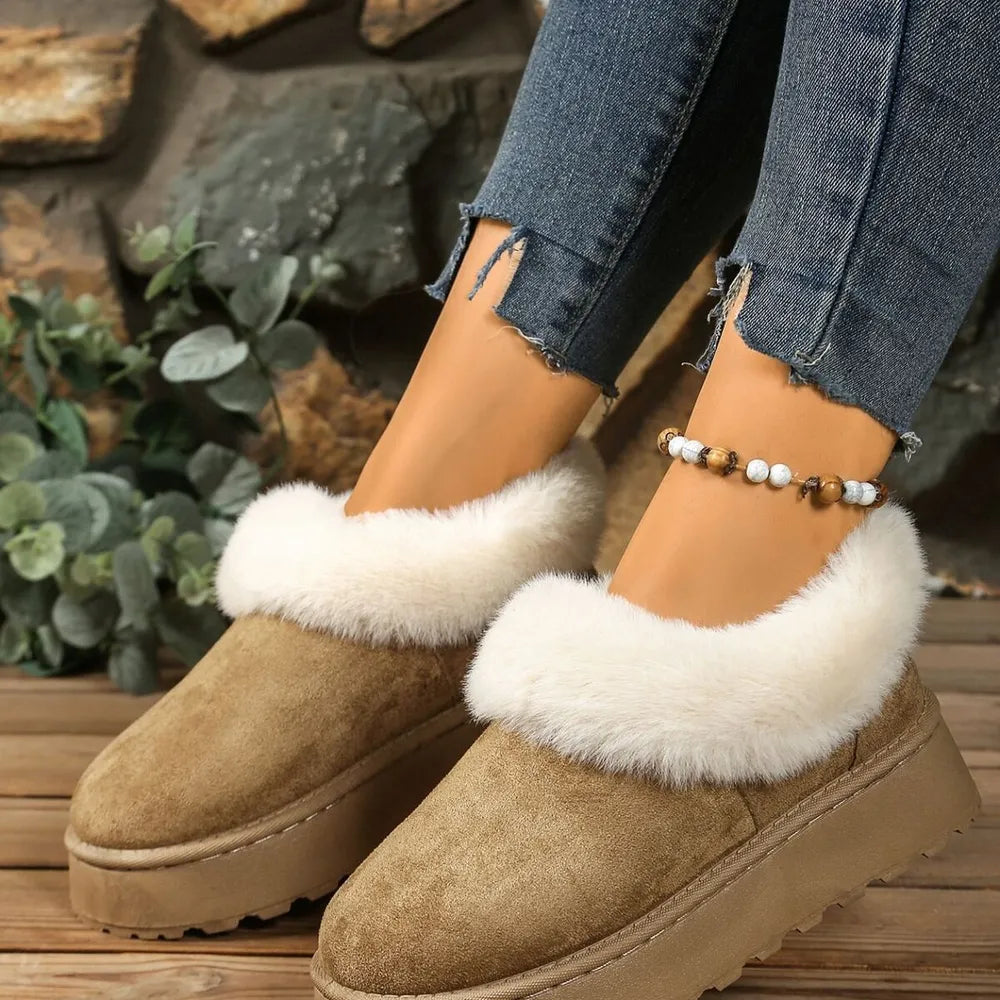 Khaki fuzzy trim platform slippers with chunky sole.