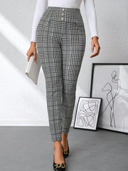 Plaid high waist slim fit ankle length pants with decorative buttons.