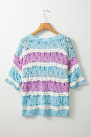 Striped openwork knit top with blue, white, and lavender stripes.