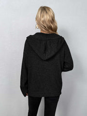 Black knit hooded cardigan with button front detail, shown from the back.