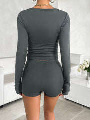 Dark Gray Henley crop top with long sleeves and fitted shorts set.