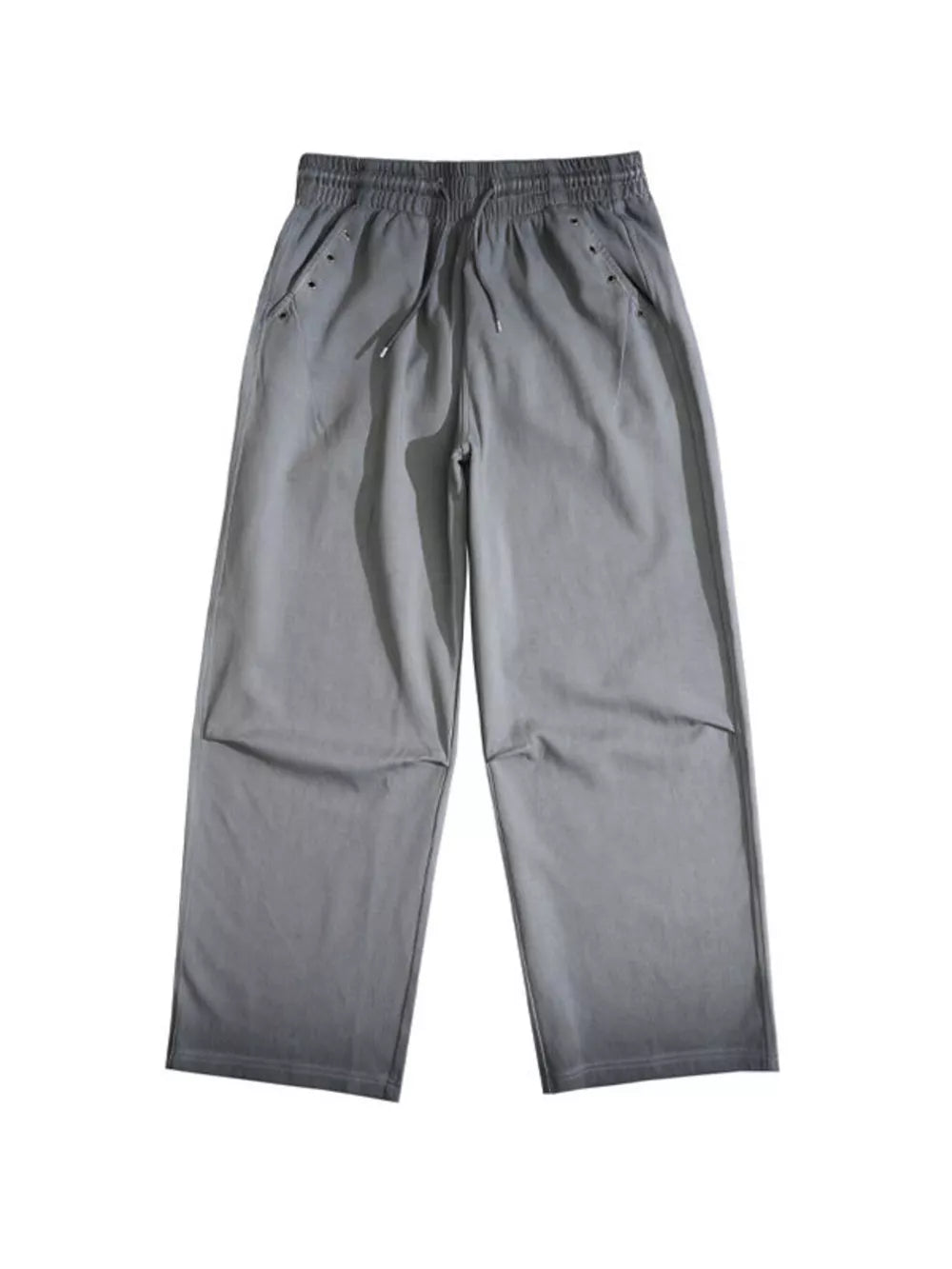 Men's grey wide-leg sweatpants with drawstring waist and pocket details.