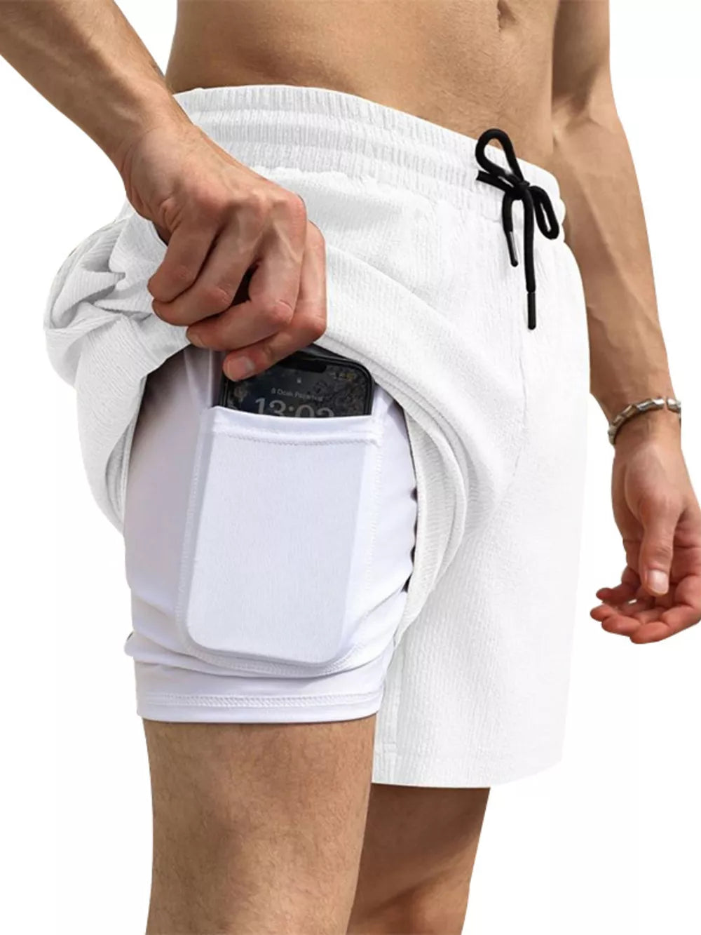 White men's drawstring chino shorts with built-in phone pocket and liner.