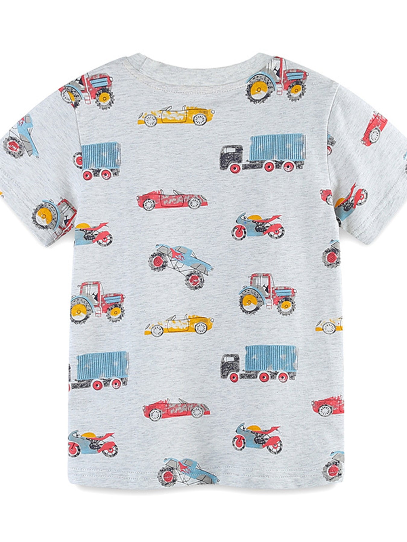 Toddler grey cotton t-shirt with a playful all-over vehicle print of cars, trucks, tractors, and motorcycles.