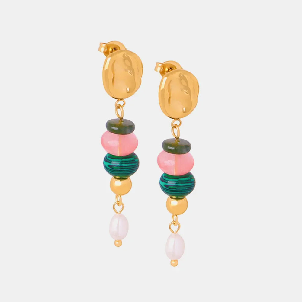 Stacked gemstone and pearl dangle earrings with 18K gold plating.