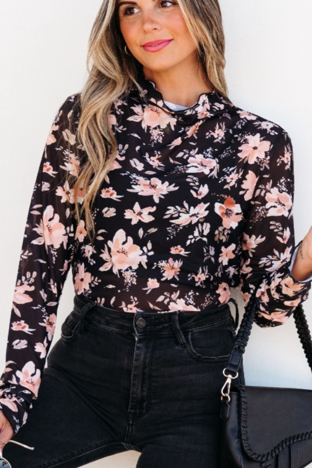 Black sheer floral mock neck blouse with long sleeves