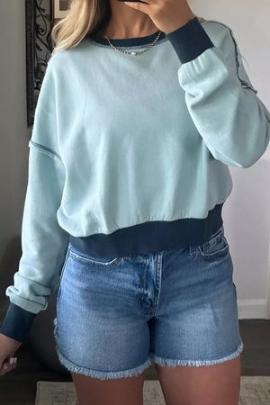 Contrast Edge Colorblock Crop Sweatshirt in Pastel Blue, front view