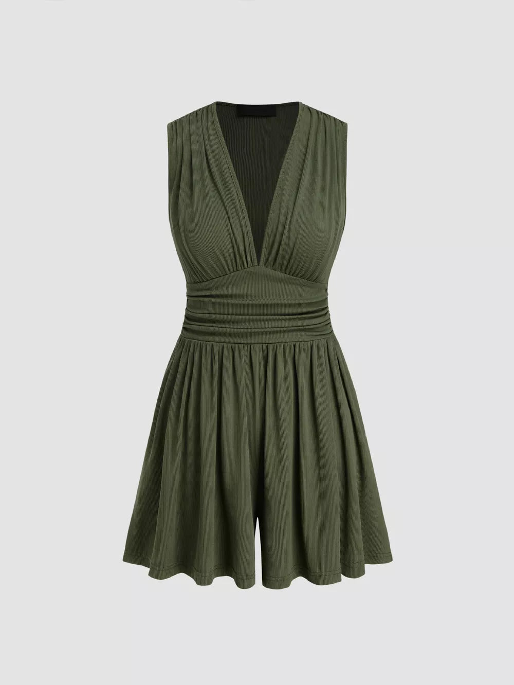 Army green ruched deep V-neck romper with cinched waist and a-line shorts.
