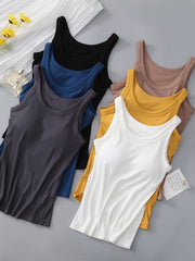 Ribbed knit tank tops in dark gray, dark blue, black, khaki, mustard, and white.