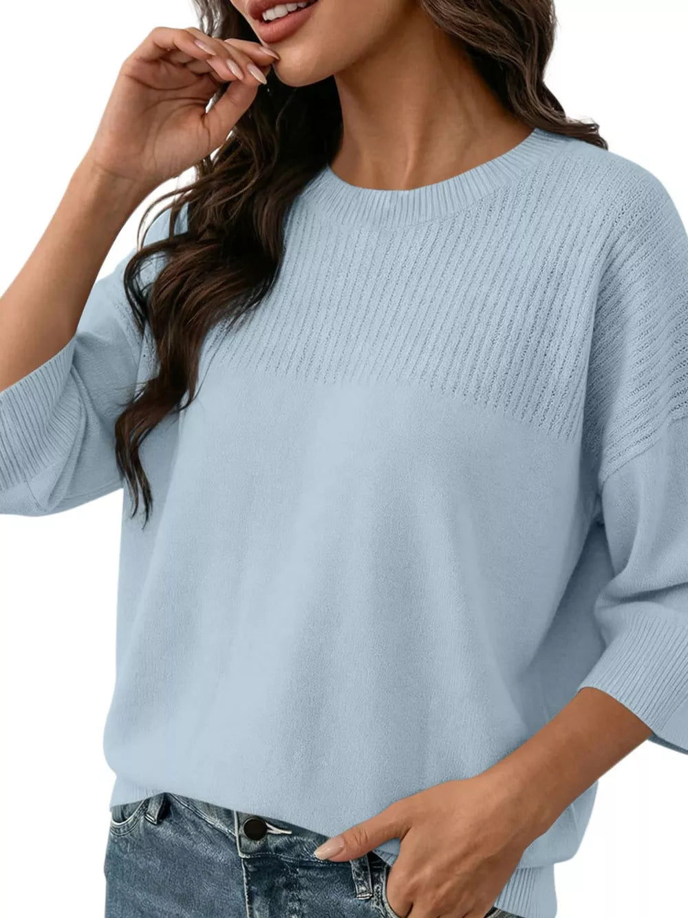 Elegant Crew Neck Eyelet Ribbed Sweater in Pink, view 22