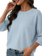 Elegant Crew Neck Eyelet Ribbed Sweater in Pink, view 22
