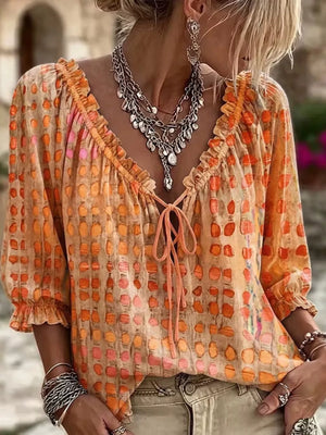 Full Size Tie Neck 3/4 Sleeve Blouse Plus Size in Sherbet, view 13