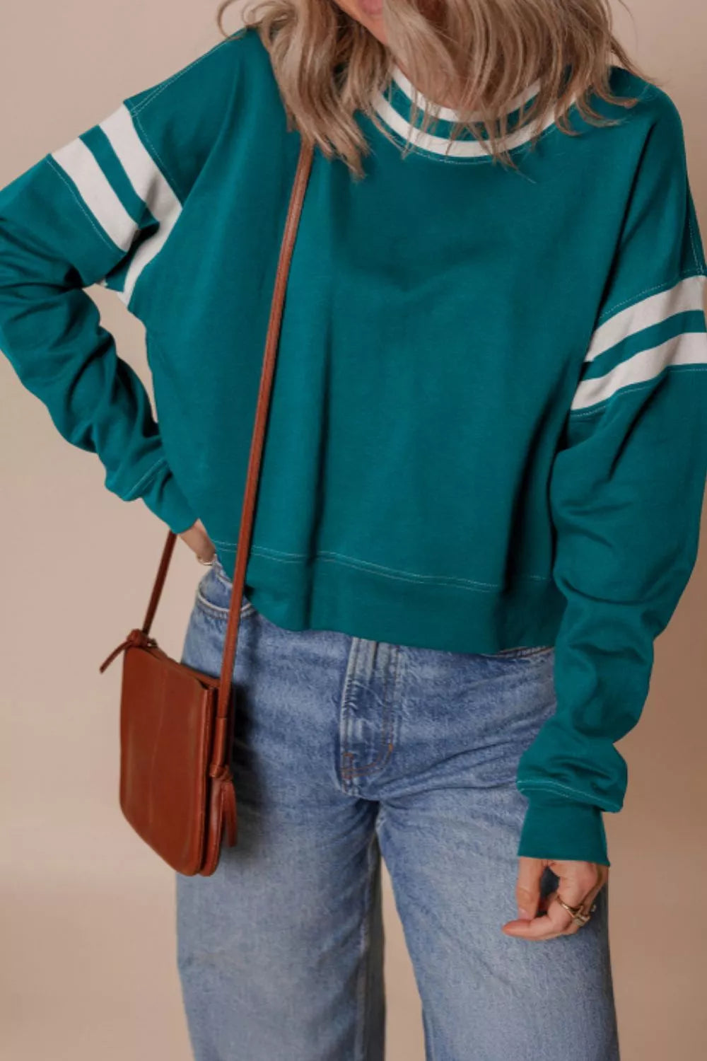 Contrast Striped Patchwork Sweatshirt in French Blue, close-up detail