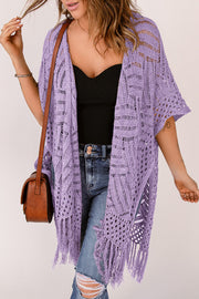 Lavender open knit chevron fringe cardigan with short sleeves and boho styling.