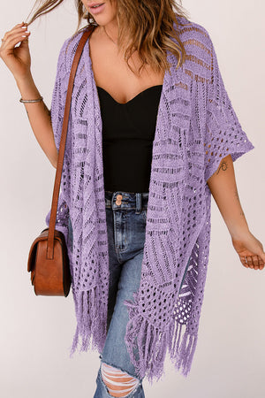 Lavender open knit chevron fringe cardigan with short sleeves and boho styling.