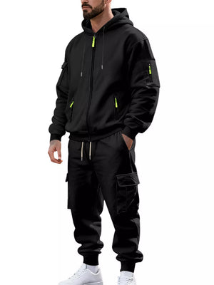 Men's Plus Size Casual Zip-up Hoodie And Cargo Pants Set in Dark Gray, back view