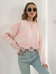 Blush pink cropped knit sweater with distressed butterfly print and frayed hem.