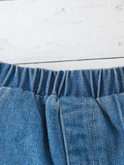 Blue denim shorts with elastic waistband and white stitching detail