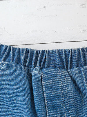 Blue denim shorts with elastic waistband and white stitching detail