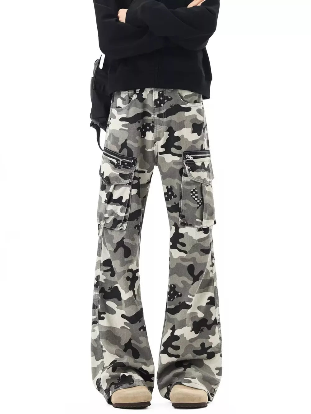 Camouflage utility wide-leg sweatpants with multiple cargo pockets and zipper details.