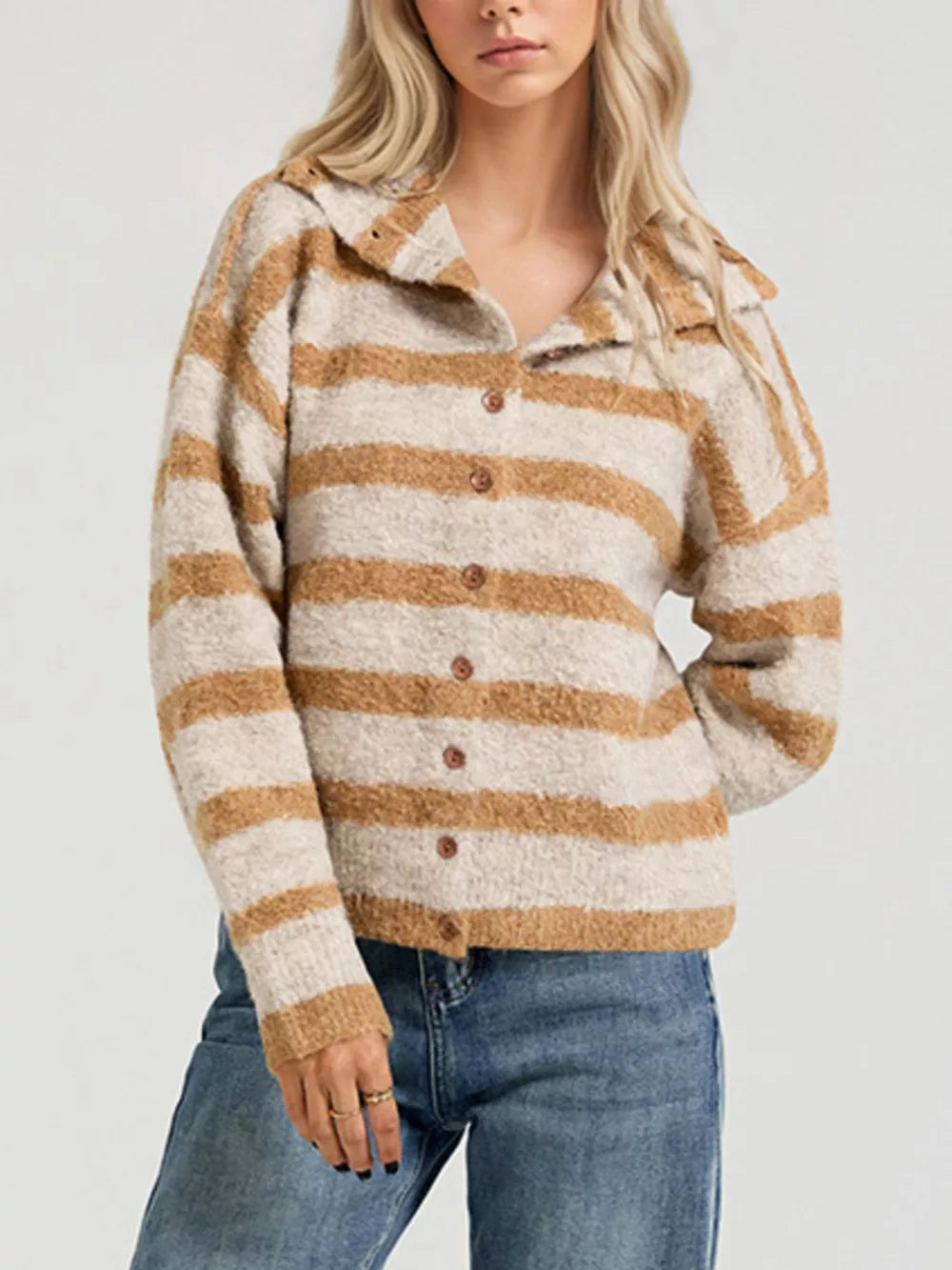 cream cardigan with striped and collared