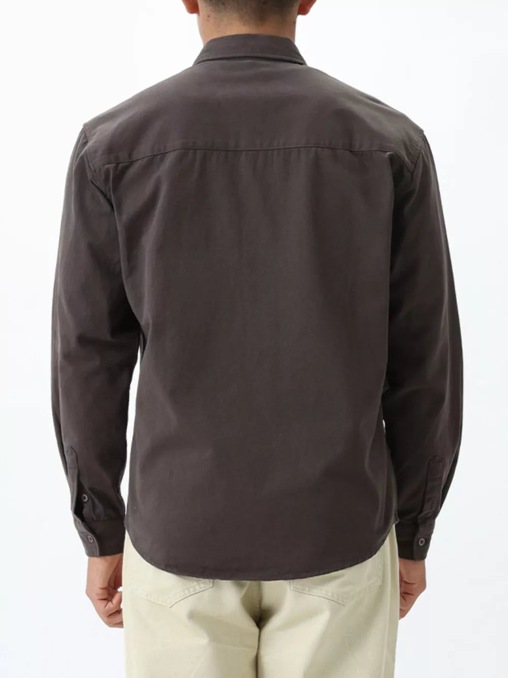 Men's dark gray long sleeve buttoned cotton undershirt, back view