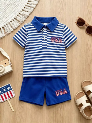Baby blue and white striped polo with USA embroidery and matching blue shorts.