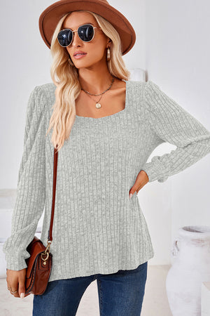Light gray ribbed square neck top with puffed long sleeves.